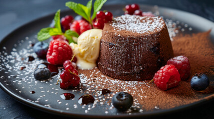 Indulgent Chocolate Lava Cake Dessert: A rich, molten chocolate cake oozing with warm ganache, artfully plated with a scoop of vanilla ice cream, fresh strawberries, raspberries, blueberries, powdered