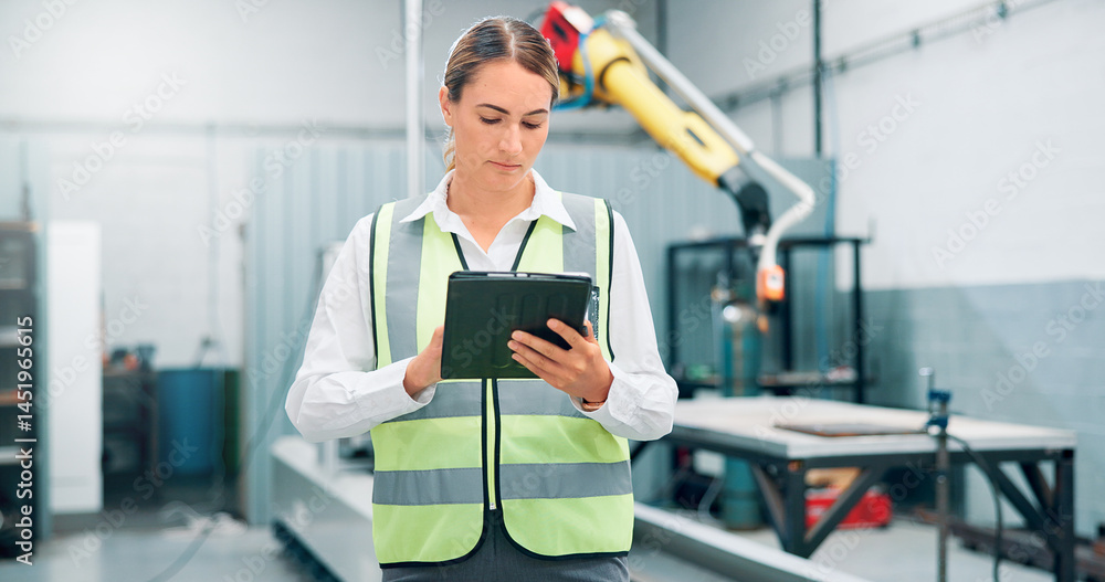 Poster engineer, tablet and woman with robot arm for manufacturing, ai machine and assembly line in factory