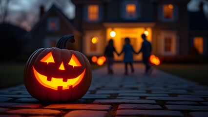 Spooky Halloween Night Jack O Lantern Pumpkin on Brick Path with Family Trick or Treating