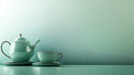 Fototapeta premium Elegant monochrome tea set on a reflective surface with ample copy space