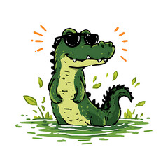 Obraz premium A cartoon alligator smiles confidently with dark sunglasses. The green gator sits in water with plants, creating a fun and playful illustration.