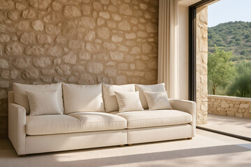 Sunlit Mediterranean Living Room with Rustic Stone Wall and Linen Sofa