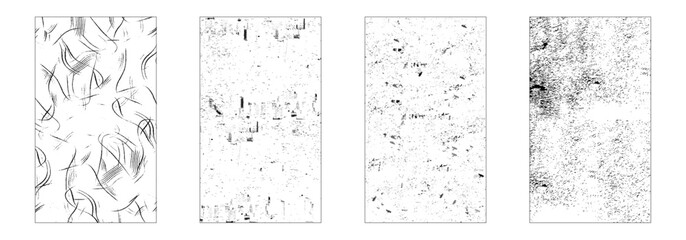 Grunge texture monochrome set elements with spotted canvases, traces soot or scratches caused by wear and tear vector illustration