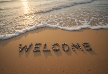 Warm beach welcome message spelled with pebbles at sunset soft golden light gentle waves washing ashore