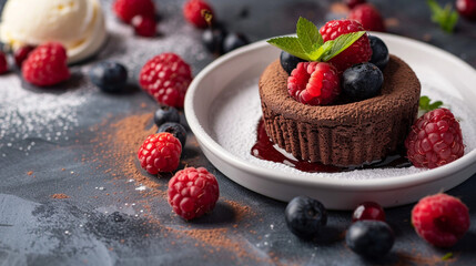 Indulgent Chocolate Lava Cake Dessert: A rich, molten chocolate cake oozing with warm ganache, artfully plated with a scoop of vanilla ice cream, fresh strawberries, raspberries, blueberries, powdered