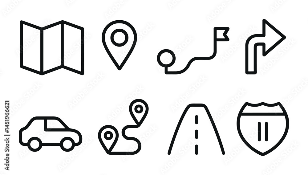 Poster navigation outline icons set – linear, map, and direction symbols