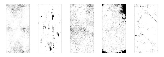 Grunge texture monochrome set elements with spotted canvases, traces soot or scratches caused by wear and tear vector illustration