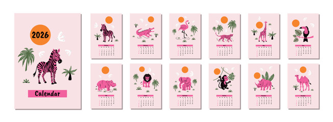 A modern calendar template for 2026 with wild animals in a fashionable style. The calendar grid showing the weeks starts on Sunday. A calendar for each month for planning. Vector design. © Alyona 