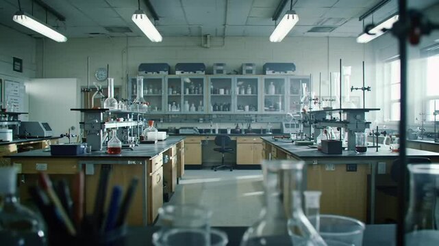 Empty Science Lab with Beakers and Glassware on Benches, Ready for Experimentation