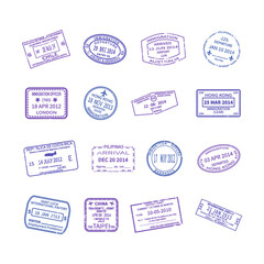 Vector international travel visa stamps set
