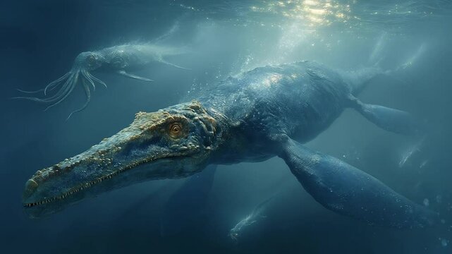 Ancient marine creatures swimming in deep ocean waters