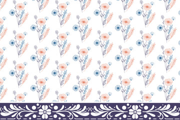 Obraz premium embroidery sketch pattern. hand drawn border texture. floral seamless design. one line textile artwork. outline repeat style. modern botanical petals