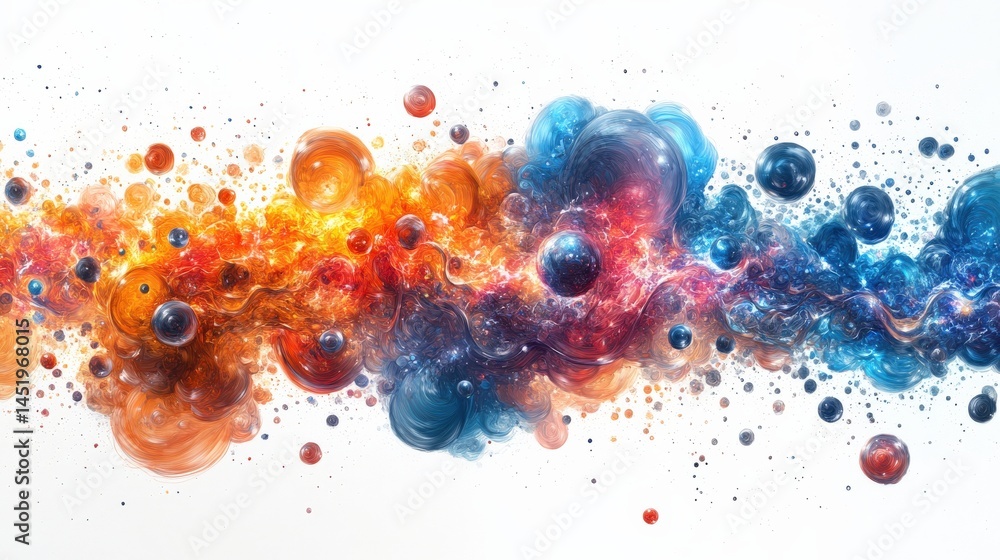 Poster abstract cosmic explosion of vibrant colors with swirling patterns and floating spheres