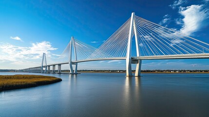 Obraz premium Modern Cable Stayed Bridge Over Wide Waterway Under Blue Sky, Featuring Elegant Engineering and Scenic Views. 