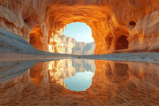 Sandstone cave reflection with arches in desert landscape with clear sky
