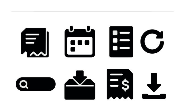Business and finance icons set – solid, filled, accounting and budget tools
