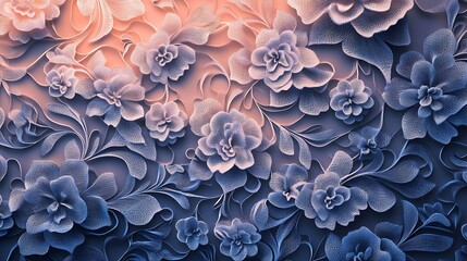 Intricate floral pattern in shades of blue and orange, creating a gradient effect. The design features embossed textures and detailed floral motifs, resembling a three dimensional paper cut art