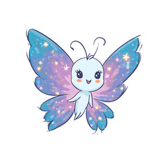 Cute cartoon butterfly fairy with magical wings and big eyes, isolated on a white background, kawaii fairy tale style illustration.