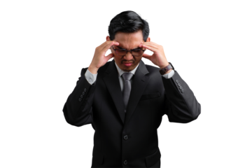 Stressed young Asian businessman holding head in pain isolated on transparent background