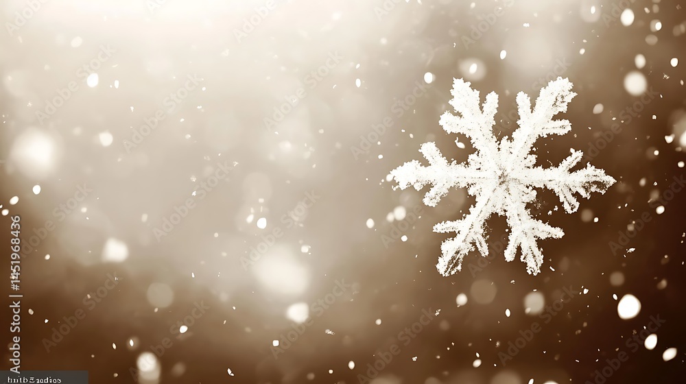 Poster close up view of a single snowflake falling against a bokeh background of brown and beige tones. the