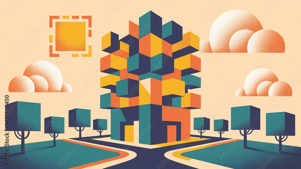 Poster abstract building and trees with geometric shapes and clouds.