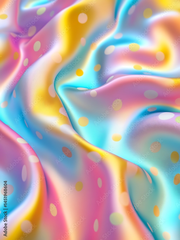 Poster abstract image of iridescent fabric with pastel colors and polka dots. the fabric is softly draped, 