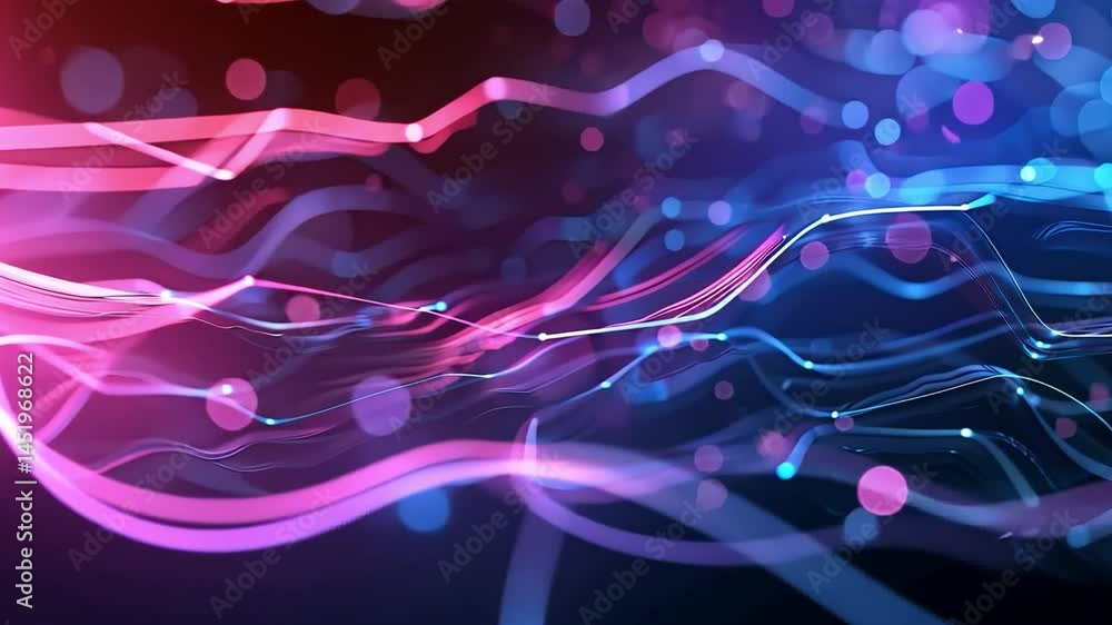 Poster Vibrant abstract lines in pink and blue create dynamic visual background, evoking energy and movement with colorful glowing dots and flowing patterns.
