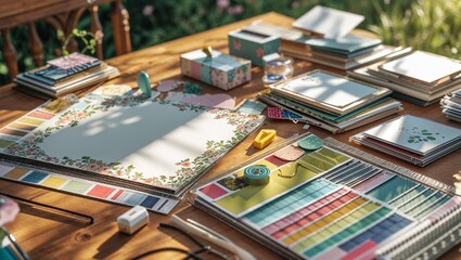 Photorealistic image of a scrapbooking supplies on a colorful rug