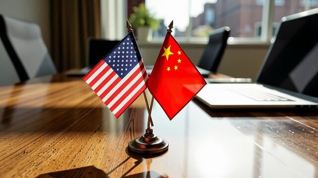 American and Chinese flags symbolizing diplomacy on a meeting table  