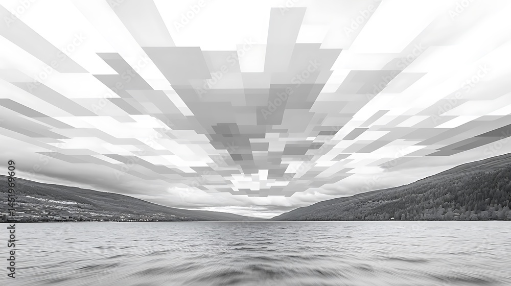 Aufkleber monochromatic landscape photograph featuring a stylized representation of a lake and mountain range 