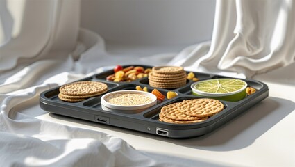 Photorealistic image of a rechargeable electric beard trimmer with accessories on a white background