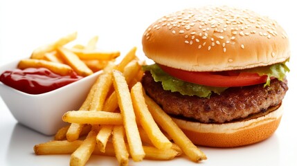 A fast-food snack combo of French fries and a burger, isolated on a bright white background,