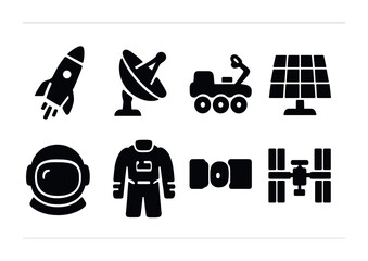 Space exploration icons set – solid, filled, sci-fi and astronomy symbols