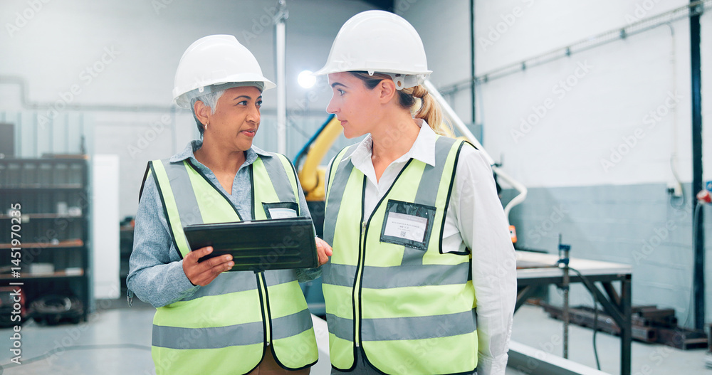 Poster people, robotics and teamwork in factory, tablet and conversation with online schedule. employees, e