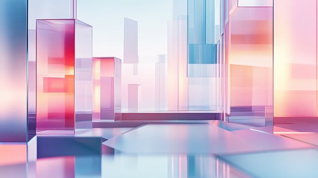 Futuristic abstract architecture with geometric shapes, glass and metal textures, minimalist isometric perspective gradient light illumination. 3D rendering style showing modern design concept