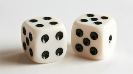 A Lucky Roll of Weathered Dice: Two vintage, ivory-colored dice with worn black spots are positioned closely together against a stark white backdrop, suggesting a moment of chance, games of fortune, o