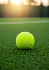 Tennis ball on green court at sunset