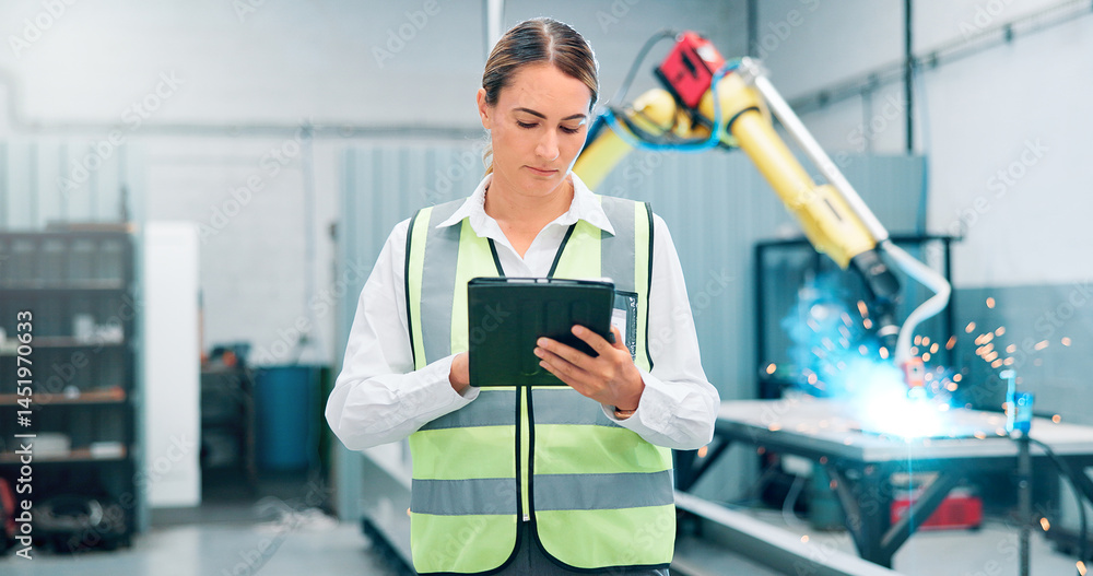 Poster engineer, tablet and woman with robot arm for welding, ai machine and manufacturing in factory. high