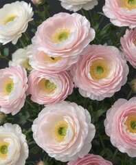 Fototapeta premium Delicate pink & white ranunculus blossoms, petals unfurled , texture, nature, ranunculus