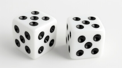 A Lucky Roll of Weathered Dice: Two vintage, ivory-colored dice with worn black spots are positioned closely together against a stark white backdrop, suggesting a moment of chance, games of fortune, o