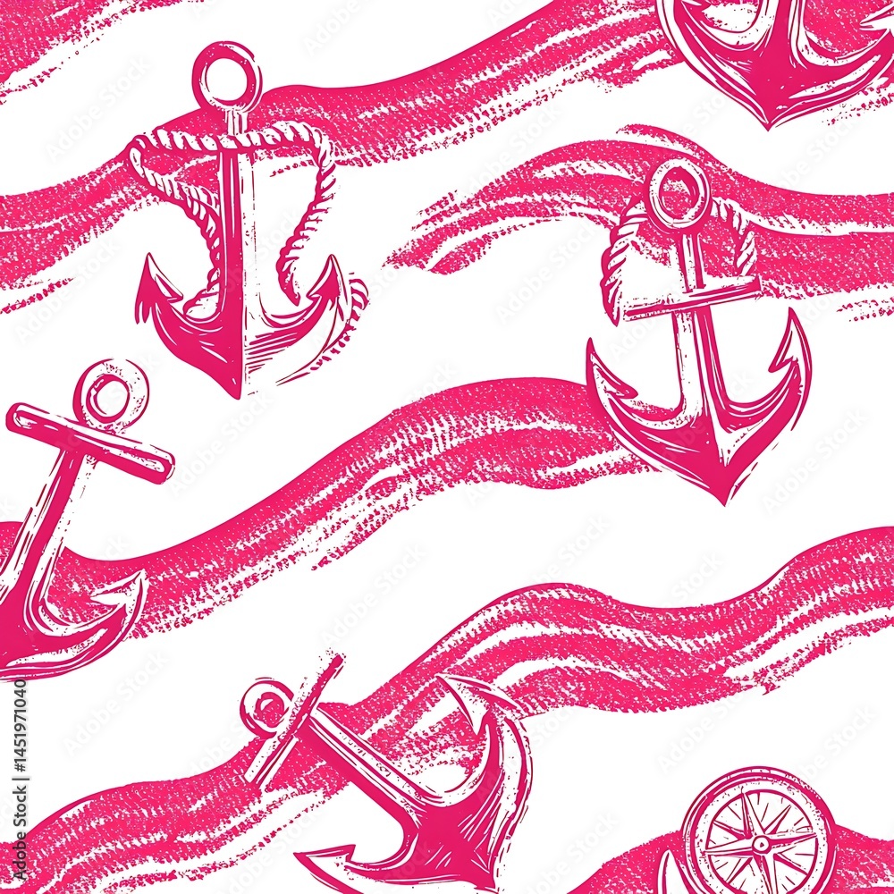 Aufkleber seamless pattern of pink anchors and waves. hand drawn style anchors are scattered across a backgrou