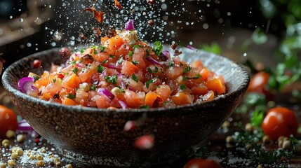 Freshly prepared colorful vegetable salsa with herbs being sprinkled, rustic kitchen