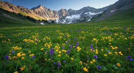 Fototapeta premium Mountain Meadow with Wildflowers and Snow Capped Peaks