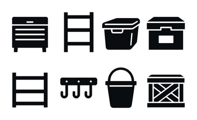 Home organization silhouette icons set – storage, container, and shelving symbols