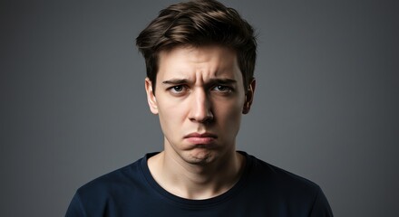 Obraz premium Sad Man Portrait on Gray Background