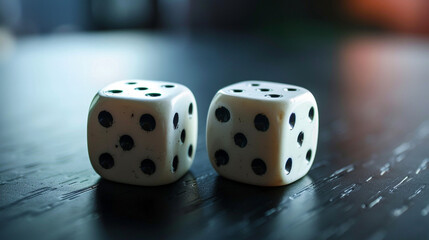 A Lucky Roll of Weathered Dice: Two vintage, ivory-colored dice with worn black spots are positioned closely together against a stark white backdrop, suggesting a moment of chance, games of fortune, o