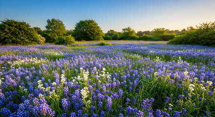 Fototapeta premium Enchanting Meadow With Spring Bluebells And Wildflowers Under Blue Sky