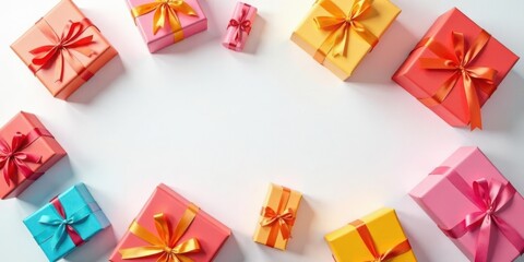 A Colorful Array of Presents Tied with Vibrant Ribbons, Arranged on a White Background, Creating a Festive and Cheerful Composition Perfect for Holiday Greetings