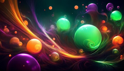 Colorful spheres floating in a swirling nebula of light and energy