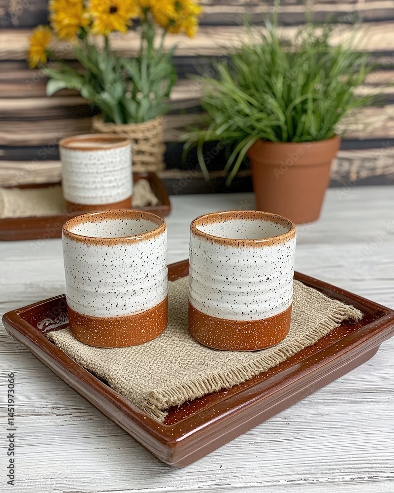 Poster two small ceramic pots arranged neatly on a tray creating a charming decorative display for home